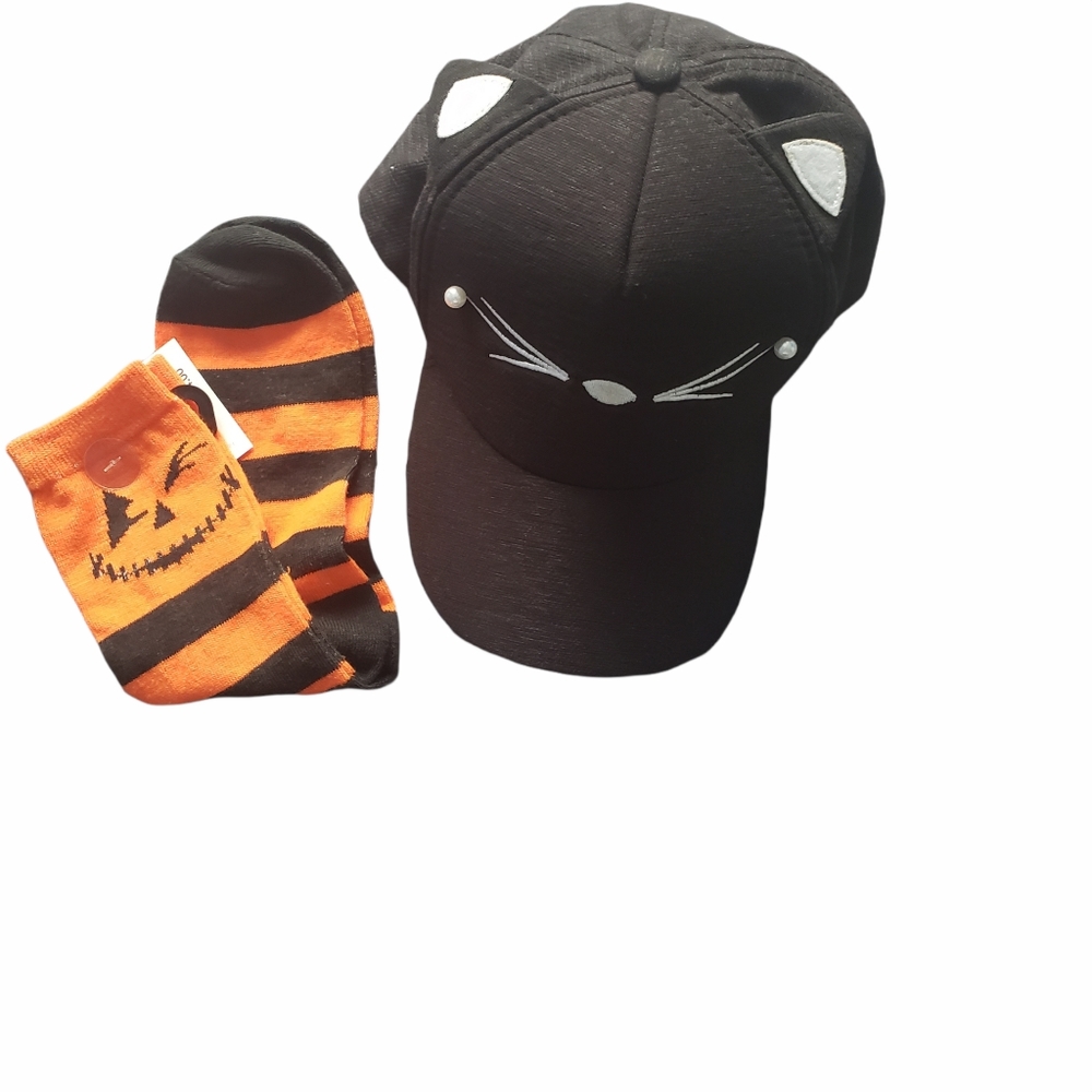 Halloween Pumpkin Socks and Black Cat Hat - Picture 2 of 2